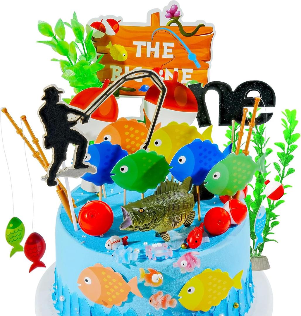 3 x Simplepolymer 36PCS Fishing Cake Topper Decorations Set Fisherman Themed Decoration Gone Fishing Cake Topper with Sea Bass for Fishermen Fish Themed Party Supplies