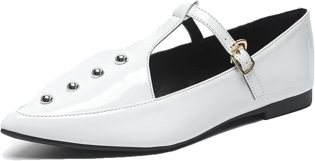 Women's Pointed Toe Rivet T-strap Flats with Adjustable Buckle Fashionable Patent Leather Comfortable Non-slip Low Chunky Heel Gladiator Flats for Party Dance Daily Dating (8)