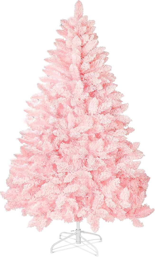 6 FT Snow Flocked Artificial Christmas Tree, Full Xmas Tree with 1000 Automatically Expanding Branch Tips, Foldable Metal Stand and Hinged Branches, Holiday Decoration for Home, Party, Pink
