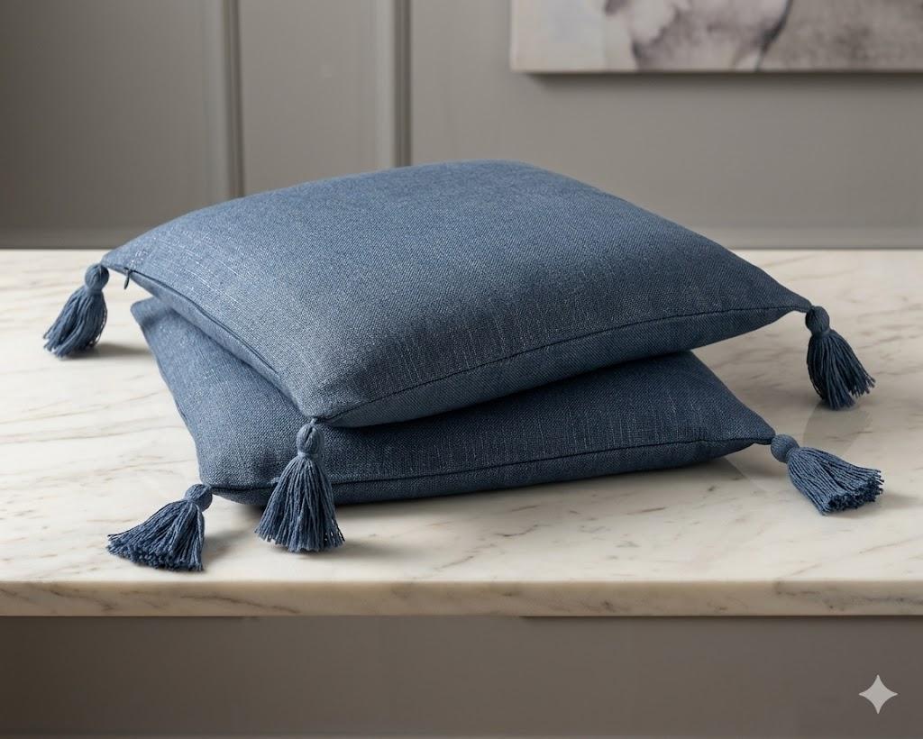 Pack of 2 Couch Throw Pillow Covers 20x20 Inch Fall Soft White Linen Pillow Covers for Sofa Living Room Solid Dyed Pillow Cases, Non-Shedding (Blue Tassels, 18x18'')