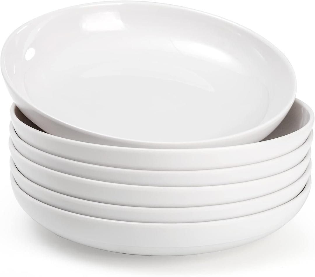 Fasmov Melamine Pasta Bowls, 6 Pack 9 inches 30 Oz Large Salad Serving Bowls, Shallow Salad Bowls, Plastic Dinner Deep Plates, Dishwasher Safe, White