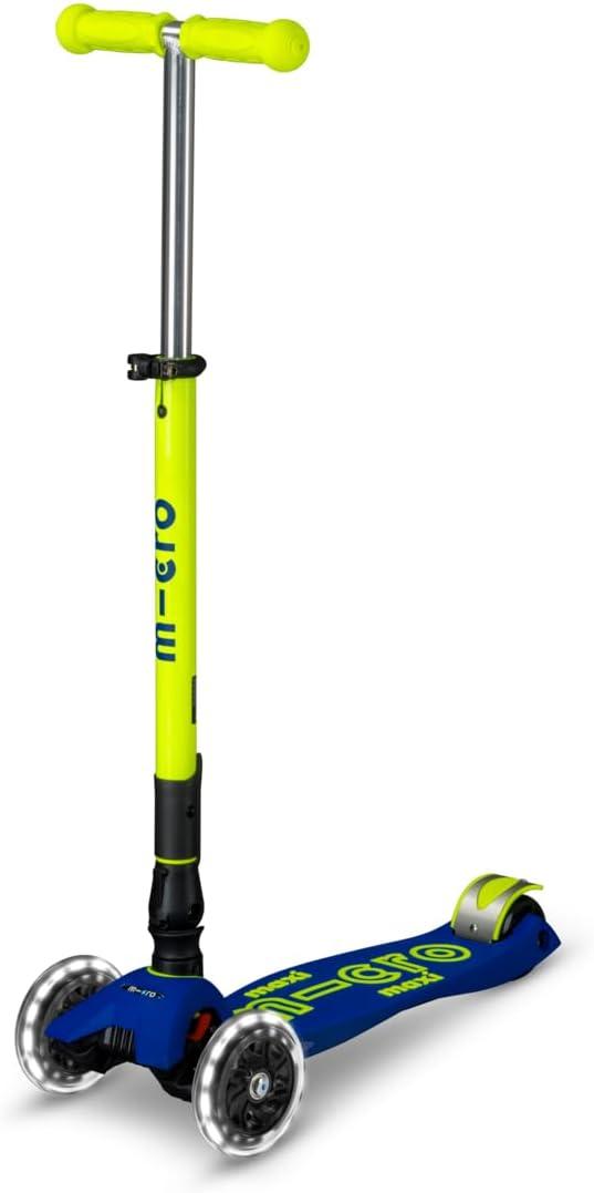 Micro Kickboard | Maxi Foldable LED Kids Scooter for Ages 5-12 | Children up to 110 lbs | 3 Wheel Lean-to-Steer Design | Adjustable T Bar | Smooth Ride, Motion Activated PU LED Wheels | Swiss Design