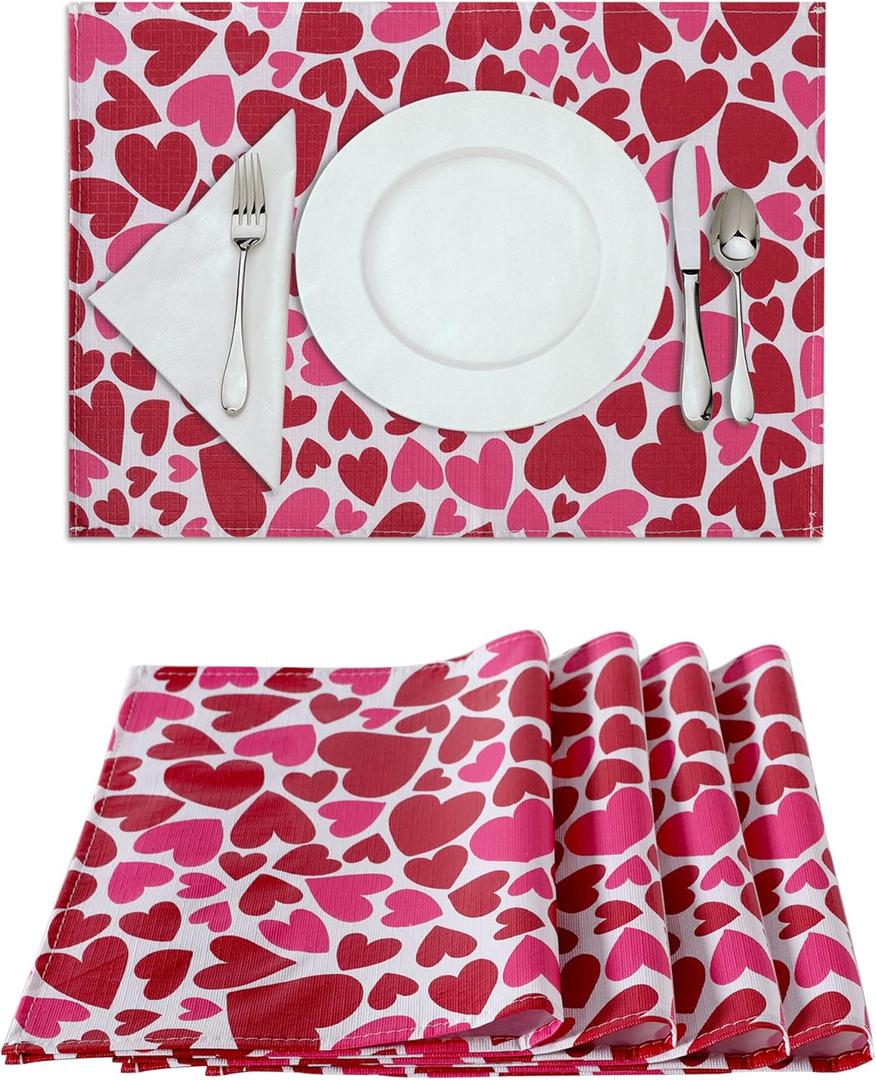 Fitable Valentines Day Placemats for Dining Tables Set of 4 - Waterproof Red/Pink Love Heart Place Mats Vinyl Non-Slip Table Mats for Valentines Dinner, Wedding Party Table Decor, 12x18 Inch