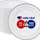 JOLLY CHEF 100 Pieces Silver Plastic Plates, 10 Inch Disposable Plates White Plate with Silver Rim, Heavy Duty Plastic Plates for Christmas, Birthdays and Weddings