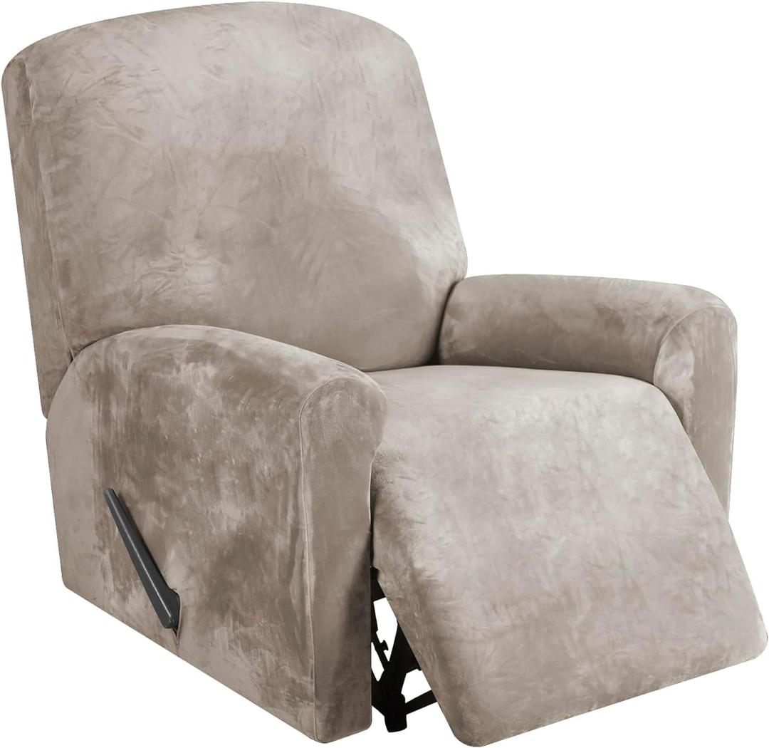 FestiCorp Recliner Chair Covers Real Velvet 4-Pieces Recliner Covers for Small Lazy Boy Recliner Chair Stretch Recliner Sofa Slipcovers Furniture Protector with Side Pocket & Elastic Bottom, Taupe
