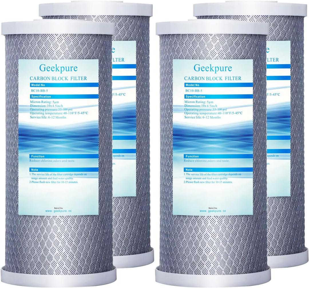 Geekpure 10 Inch Carbon Block Water Filter Reduce Chlorine Taste Odors for Whole House Filtration- 4.5 Inch x 10 Inch -5 Micron-Pack of 4