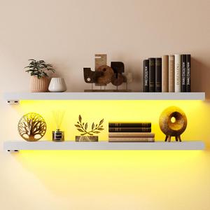 BAMEOS Floating Shelves with LED Lights, 31" White Wall Mounted Wooden Shelves with Invisible Brackets, Set of 2, Hanging Wall Shelves for Bedroom, Bathroom, Living Room and Kitchen Decoration