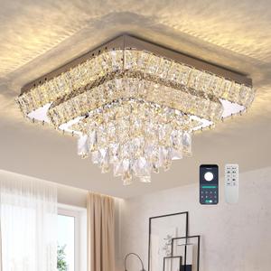 COCOSTAR Crystal Chandeliers, Modern Led Luxury Chandelier, 25" Suqare Flush Mount Chandelier Ceiling Light, Chandeliers for Dining Room, Living Room, Bedroom