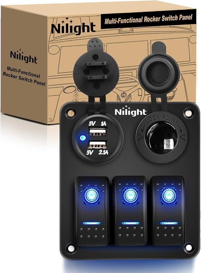 Nilight - 90115C 3 Gang Rocker Switch Panel Waterproof Pre-Wired Aluminum Switch Panel with Dual USB Charger Socket & Cigarette Lighter Socket 12V 24VDC ON Off Switch Panel for Cars Rvs Trucks Global Recycled Standard