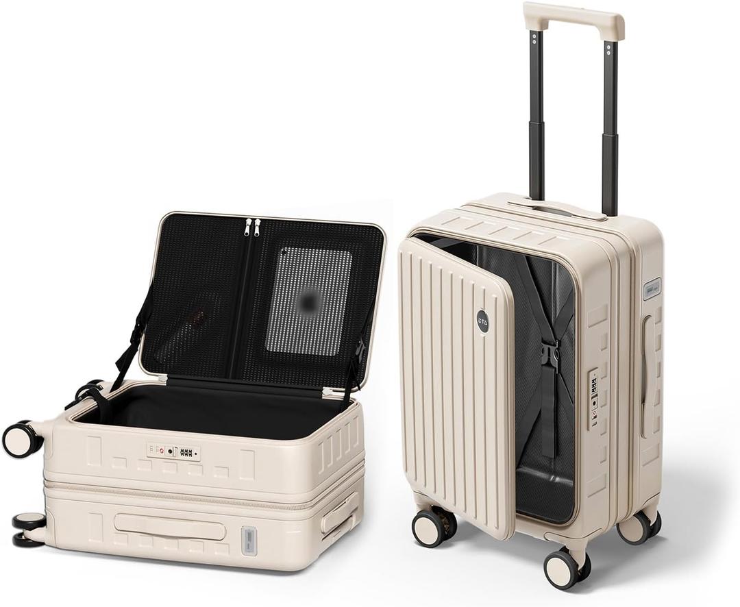 Top Opening Expandable Lightweight PC Hard Shell Suitcase, 20 Inch Carry On Luggage with TSA Lock, 360 Silent Spinner Wheels, Cup Holder, Ideal for Business Travel Suitcase (Beige)