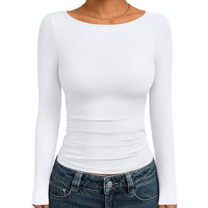 Trendy Queen Women's Boat Neck Tops Long Sleeve Shirts Casual Fitted Tee Shirts Solid Color Fall Basic Clothes, M