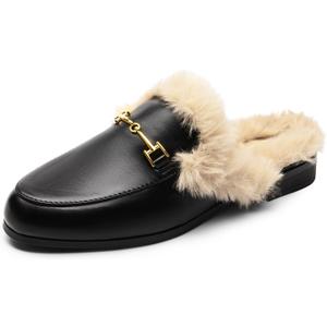 DREAM PAIRS Mules for Women Flats Comfortable Buckle Mules Slip on Slides Backless Loafers Shoes (7, Black-fur)