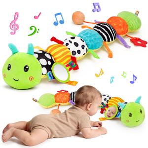 Topsochir Baby Sensory Toys 0-6 Months Music Animal Stuffed Plush Caterpillar Toy for Infant 0-3-6-12 Month Old Tummy Time with Mirror Crinkle Rattle Toys for Newborn Boys Girls Shower Birthday Gifts