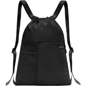 Drawstring Backpack with Mesh Pocket Water Resistant String Beach Swim Sports Gym for Women Men (Black)