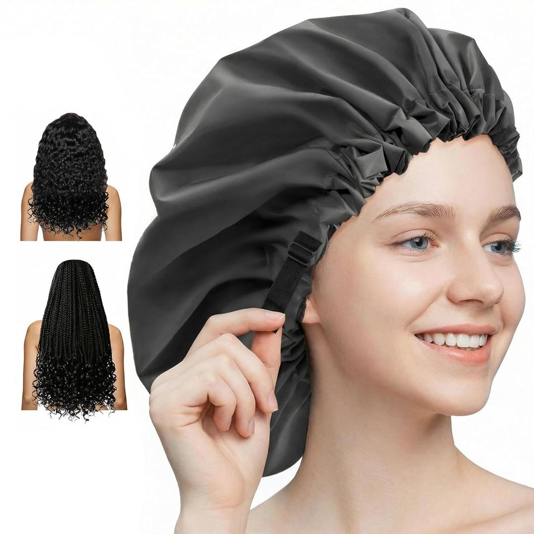 Aquior Shower Cap for Women, Extra Adjustable Shower Caps for Women Double-Layer Waterproof Reusable Hair Cap, Large Size Hair Cap for All Hair,for Girls Spa Bath,Soft and Comfortable (Back) (black)
