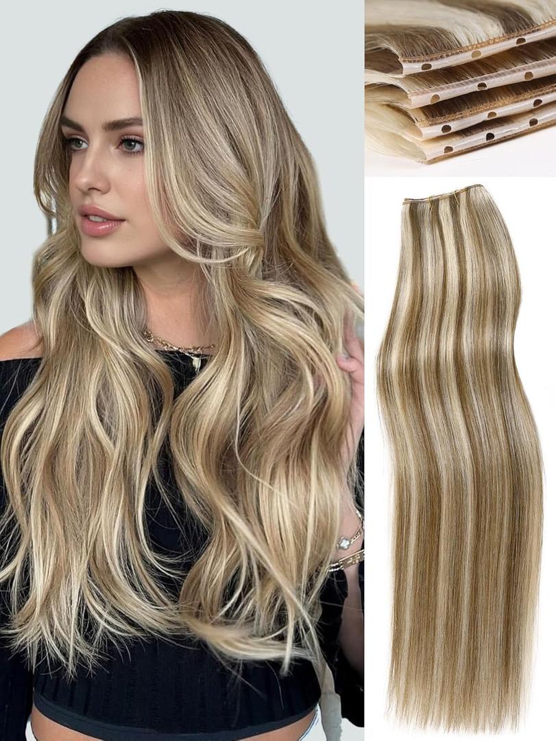 WIGNEE New Double Layered PU OVO Hair Extensions Blonde Ombre Straight Human Hair weft with beads 100% Real Human Hair Extensions 18 Inch Seamless Micro Beads Human Hair Extensions Glueless (9A/60)