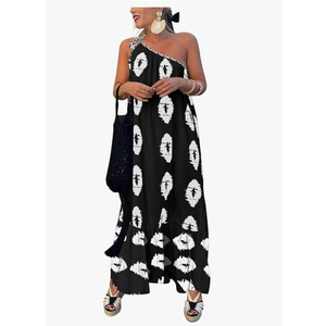 PRETTYGARDEN Women's Summer One Shoulder Maxi Dresses Printed Flowy Boho Beach Vacation Long Sundress XL