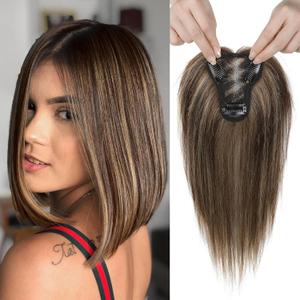 REECHO Real Human Hair Topper, 10 inch Women Hair Toppers for Thinning Hair, 100 Percent Human Hair Large Coverage Natural Hairpiece Wiglet, Standard Base 3.5"x2", Chestnut Brown with Highlights