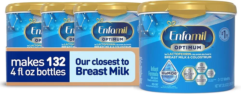 Enfamil Optimum (Enspire), Our Closest Formula to Breast Milk, Immune-Supporting Lactoferrin and Brain-Supporting DHA Baby Formula, 20.5 Oz, Pack of 4, BB Date 03/01/2027