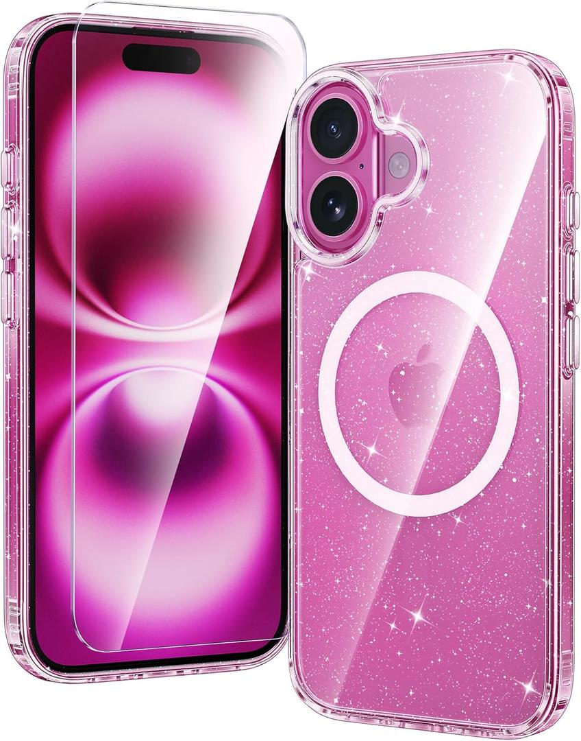 FNTCASE for iPhone 16 Plus Case: Clear Magnetic Phone Cases Compatible with Magsafe Slim Anti Yellowing Military Grade Drop Rugged Protective Transparent Cell Phone Cover (B-Glitter Magnetic)
