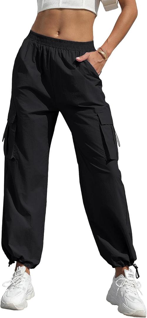 Women's High Waisted Cargo Pants Baggy Trendy Hiking Parachute Pants with Pockets Y2K Cargo Trousers Drawstring Ankles Black (Black, XL)