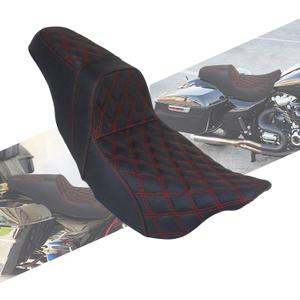 One-Piece Seat Driver & Passenger Seat 2-Up Fit For Harley Touring Road King FLHR Road Glide FLTR Street Glide FLHX Electra Glide Ultra Limited FLHT 2009-2023 (Red Stitching)