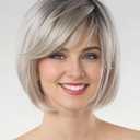 RENERSHOW Grey Bob Short Wigs for White Women Ombre Gray Bob Wig with Bangs Straight Bob Haircuts Heat Synthetic Wigs for Old Lady