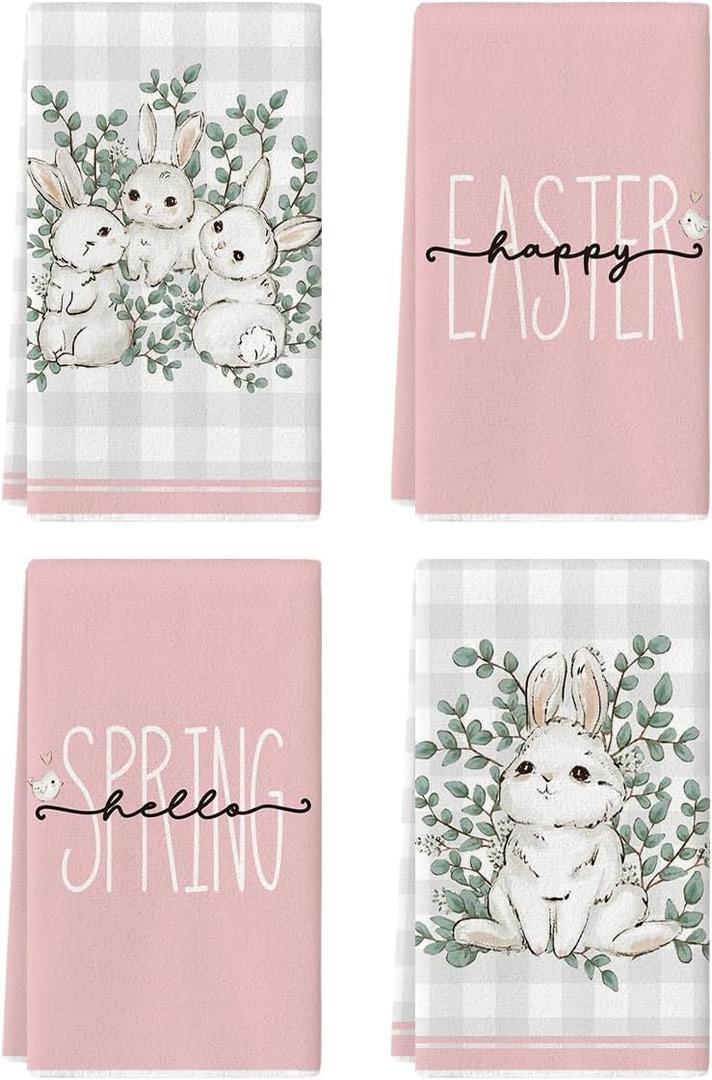 Artoid Mode Pink Bunny Rabbit Eucalyptus Easter Kitchen Towels Dish Towels, 18x26 Inch Seasonal Spring Decoration Hand Towels Set of 4