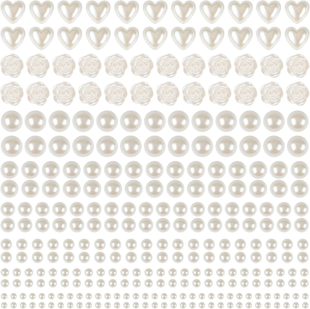 4366 PCS Self Adhesive Pearl StickersPearl Stickers for Crafts KidsAssorted Sizes & Shape Stick on Pearls for Hair, Face, Makeup, Eye 3mm/4mm/5mm/6mm/8mm/10mm/Rose/Heart Shape