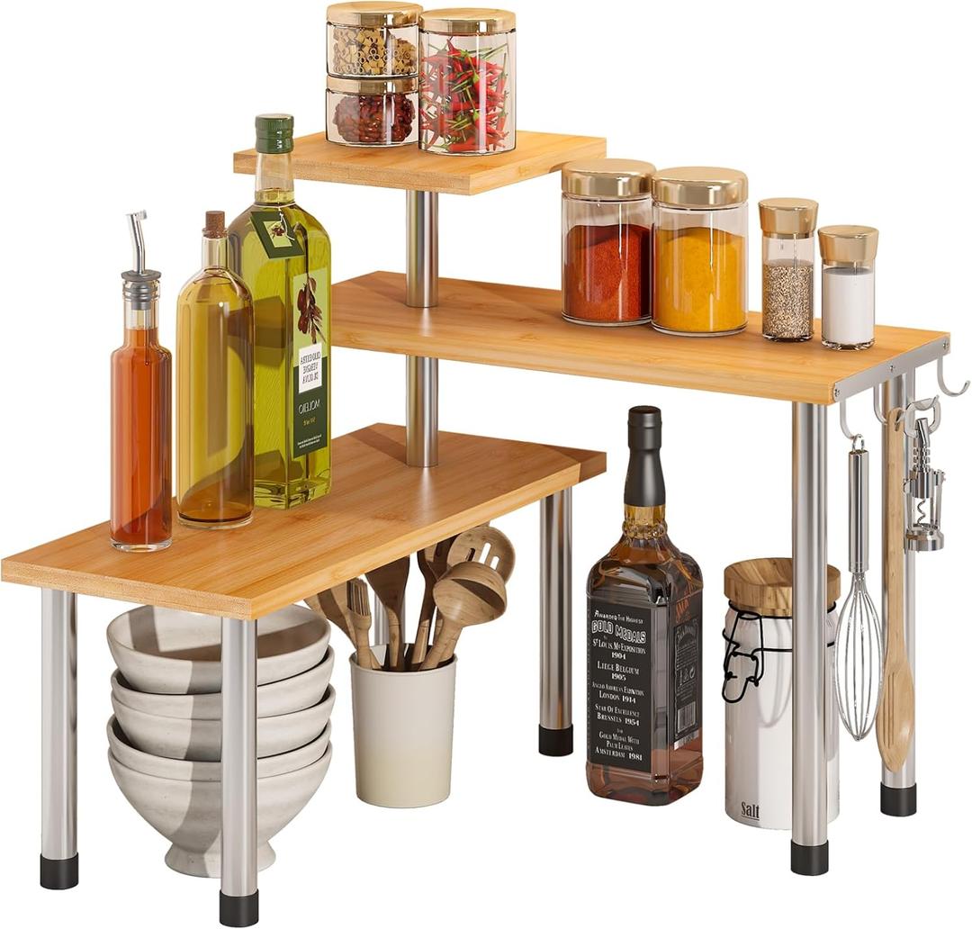 BMOSU Kitchen Corner Shelf Countertop Organizer with Hooks Adjustable Spice Rack Corner Display Rack Shelf Cabinet Counter Shelves(Bamboo)