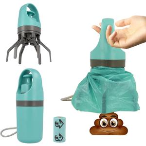 Dog Pooper Scooper, Portable No Touch Poop Scooper for Dogs, Dog Waste Pick-up Cleaner with 15PCS Bag Attachment and Leak-Proof Waste Storage Container, Blue