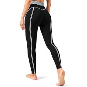 Fisoew Women's High Waisted Yoga Leggings Striped Seamless Butt Liftting Stretchy Running Gym Workout Pants Black, Large