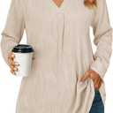 Womens 3 4 Sleeve Blouse Long Sleeve Business Casual Tunic Tops V Neck Work Tops Textured Dressy Casual Shirts (Size L, Light Khaki)