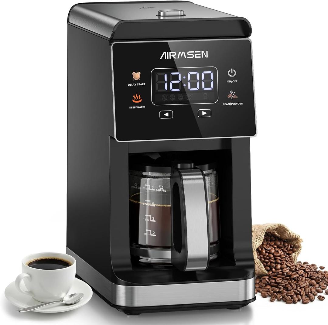 AIRMSEN Grind & Brew Coffee Maker with Built-in Grinder, Programmable Single Serve Coffee Maker - 5 Cup Capacity, 3 Grind Settings, Auto Keep Warm & Glass Carafe for Home and Office