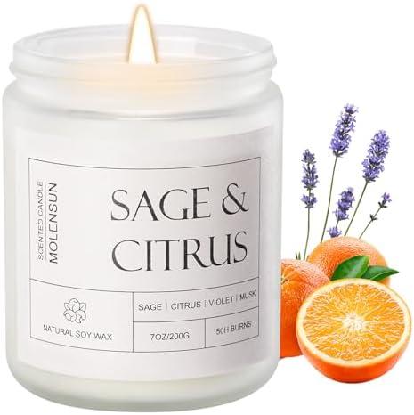 Molensun Sage & Citrus Scented Candles, Mother's Day Gifts, Aromatherapy Jar Candle, 7 oz Long Lasting Candles, Soy Wax Candle Gift for Women