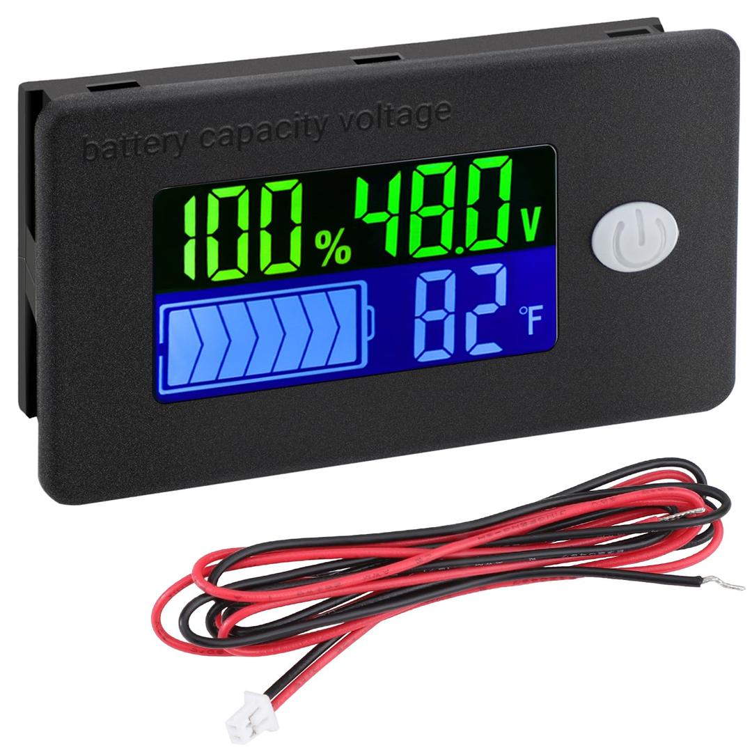 DROK 48v Golf Cart Battery Meter - LCD Display Lithium Battery Monitor 10-100v Volt Meter Temperature Gauge for Marine RV Car DIY Project