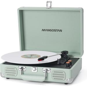 MANGOSTAN Record Player 3 Speed Bluetooth Portable Suitcase, Vinyl Phonograph with Built-in Bass & Speakers, Belt-Driven LP Player Support AUX-in RCA Line Out Headphone Jack, Green