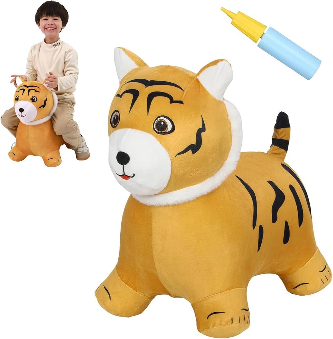 INPANY Tiger Bouncy Hopper Toys for 2 Year Old Boy, Toddlers Plush Inflatable Animal Hopping Horse, Bouncing Buddies, Ride on Rubber Bouncer, Outdoor Indoor Birthday Gifts Toy for 3 4 Yr Girl, Orange