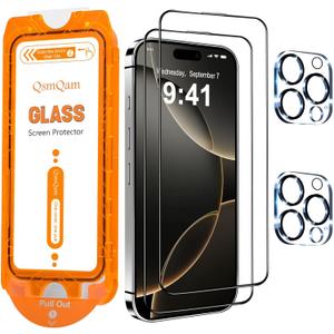 3 x QsmQam for iPhone 16 Pro Screen Protector + Camera Lens Protector, [Military Grade Shatterproof], Ultra Top 9H+ Tempered Glass, Full Coverage Screen, with Automatic Dust Removal [2+2 Pack]