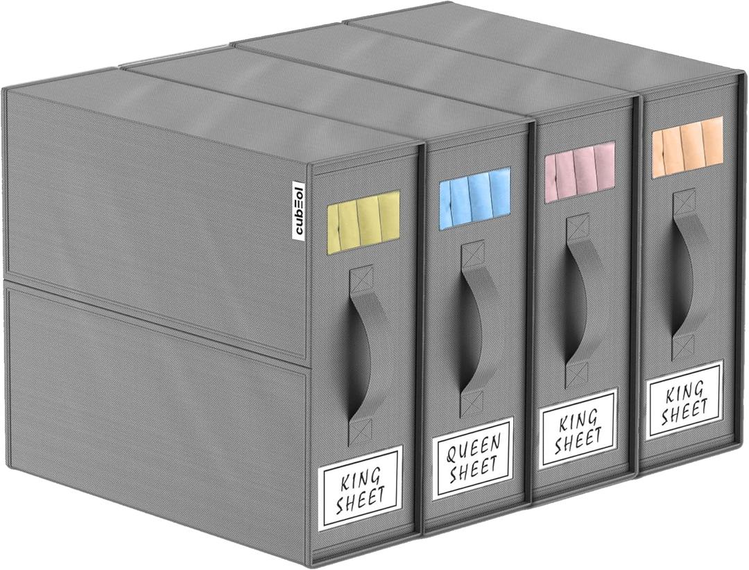 Pack of 4 Bed Sheet Organizers and Storage, Bedding with Window, Zipper & Labels, Compact Design Linen Storage Bags, Foldable Sheet Organizers for Linen Closet (Grey Solid)