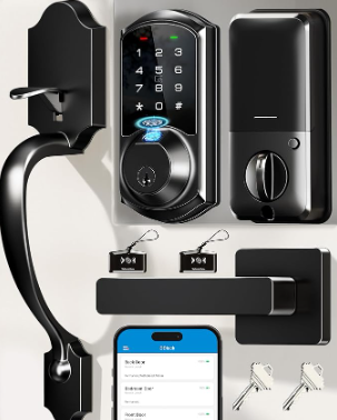Veise VE07-H Fingerprint Smart Locks for Front Door with Handle Set, App Control, Keyless Entry Keypad Deadbolt, Digital Electronic Touchscreen, Easy Install, Auto Lock, Satin Nickel