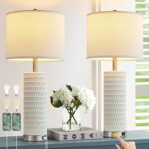 26.5" Ceramic Table Lamp Set of 2, 3 Way Dimmable Touch Control Table Lamp with 2 USB Charging Ports for Bedroom Living Room, Modern Nightstand Lamp End Table Lamps, Bulbs Included (White Shade & Silver Base)