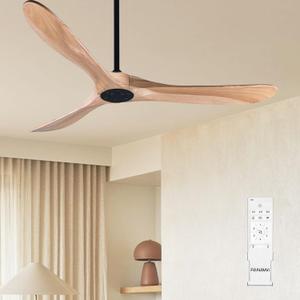Ceiling Fan No Light, 52 Inch Modern Solid Wood Ceiling Fan with Remote, Quiet DC Motor, Flush Mount Low Profile Indoor or Covered Patio Ceiling Fan for Bedroom Living Room, Natrual Wood