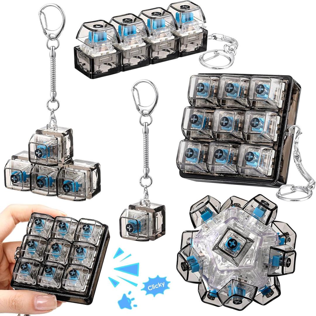 Halloscume 5 Pcs Keyboard Adult Fidget Clicker in 5 Styles Keyboard Fidget Keychain Cube Mechanical Key Button Clicker Stress Relief Gift for Office Home Pass Time(Black Transparent)