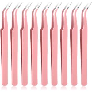 9 Pcs Precision Tweezers, Stainless Steel Craft Tweezers for Crafting, Curved Tweezer Multipurpose Pointed Long Tweezer for Crafting DIY Bead Jewelry Making, Scrapbooking, Crafts, Nail Art (Pink)