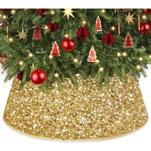 Gold Christmas Tree Collar 28.3Inch Large Tree Collars Glittery Sequin Tree Skirt for Christmas Decorations Foldable Christmas Tree Rings Round Xmas Tree Base Cover for Holiday Home Party Decor