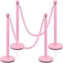 Ferraycle Stainless Steel Stanchions Post Queue, 5 ft Velvet Rope Carpet Ropes and Poles, Control Barriers for Wedding Birthday Party Decorations Sand Injection Hollow Base Set(4 Pcs,Pink,38 Inch)