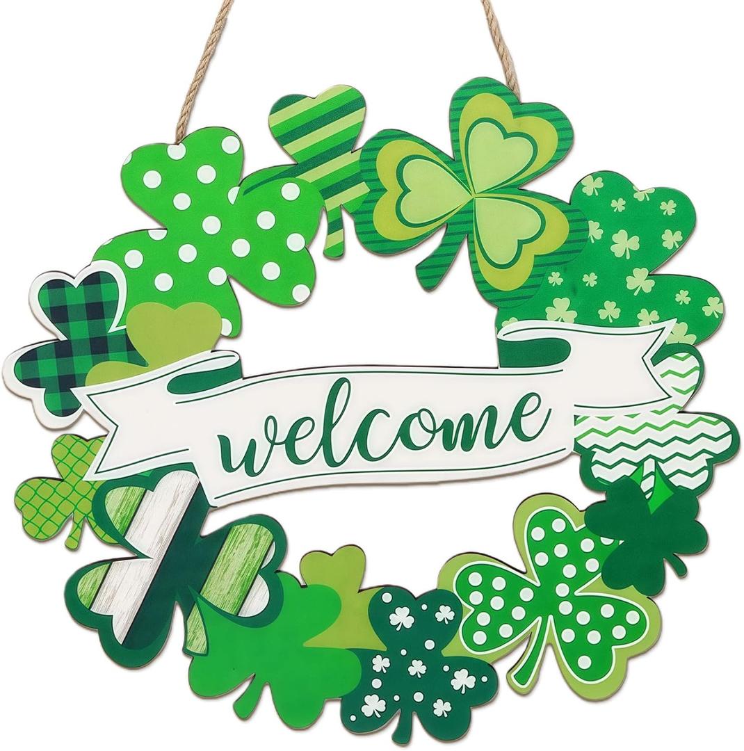 2 x St. Patrick's Day Wooden Shamrock Door Wreath 11"x10" - Handcrafted St. Patrick's Day Decoration, Irish Green Clover Ornament for Indoor Outdoor Home Party Welcome Sign