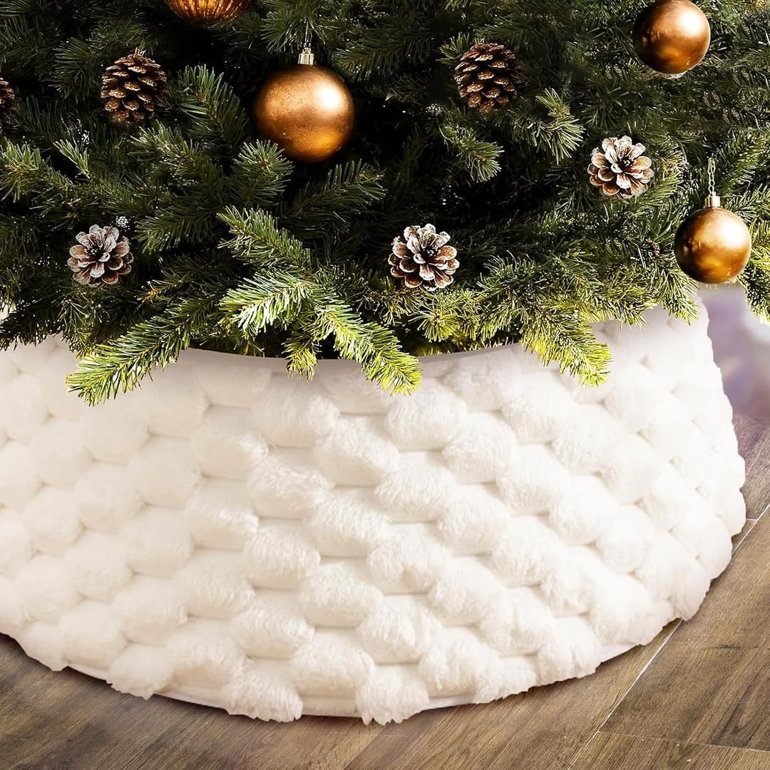 Christmas Tree Collar, 28 Inches Luxury Plush White Tree Skirt with Metal Stand for 6FT Trees, Boho Christmas Decor Xmas Tree Ring Holiday Home Party Decorations
