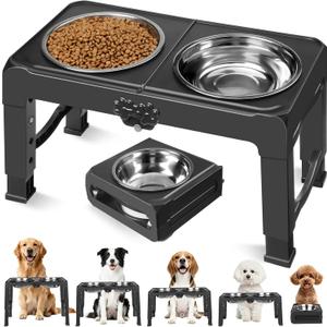 COMESOON Elevated Dog Bowls, 5 Adjustable Heights (3.9"-13.4") Raised Dogs Food Bowl Stand for Medium Large Sized Dogs, Non-Slip Foldable Travel Pet Feeder Black with Stainless Steel Bowls